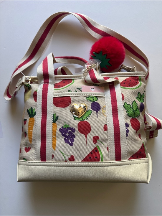 Betsey Johnson Handbags - Betsey Johnson Canvas Vegetable & Fruit Print Tote Bag in Cream and Red